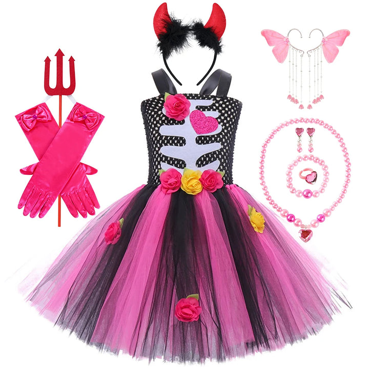 Halloween Kids Dress Cosplay Heart Print Skeleton Costumes Girls Floral Skull Tutu Clothes Children Carnival Performance Outfits