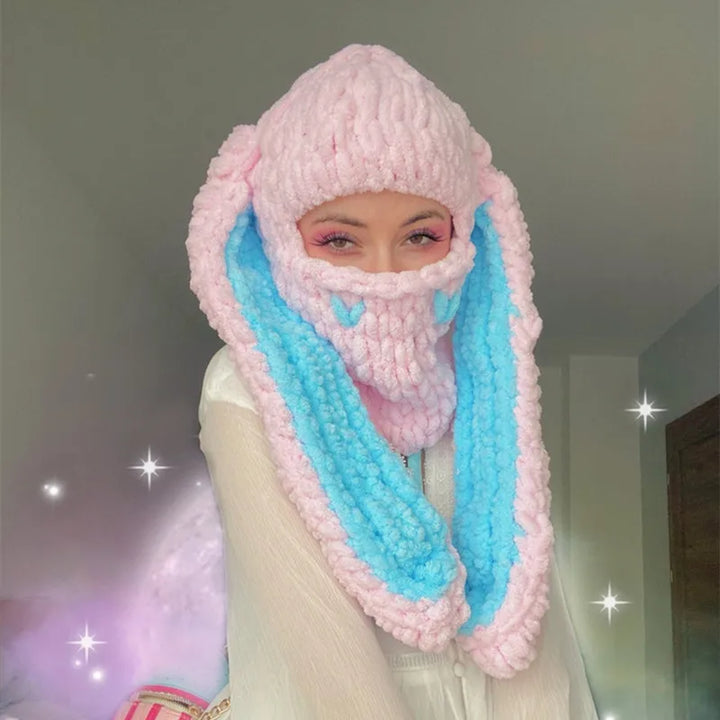 Halloween Funny Rabbit Ears Creative Knitted Hat Beanies Warm Full Face Cover Ski Mask Hat Windproof Balaclava Hat Outdoor Sport