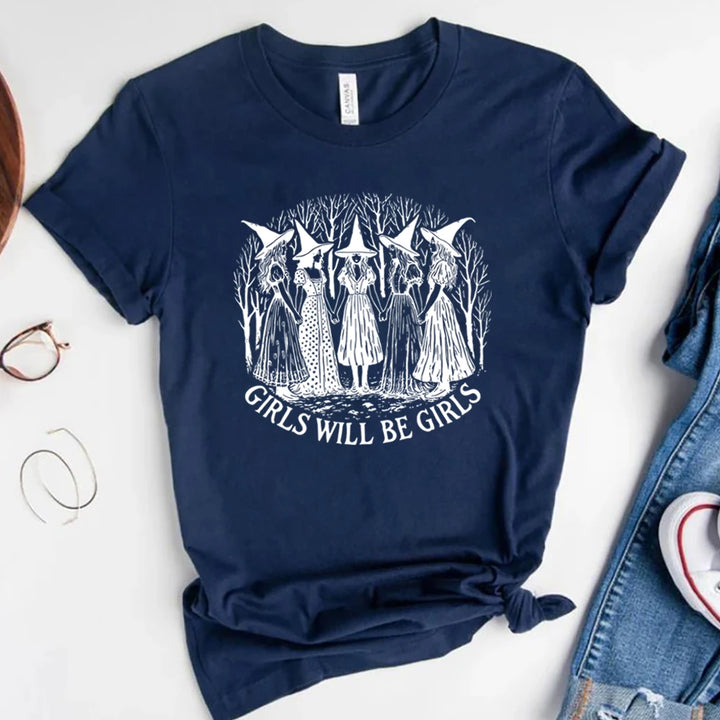 Halloween Girls Will Be Girls Witch Shirt Funny Witch Shirts Girl Power Halloween Women Vintage Clothes Witchy Vibes Tee Tops