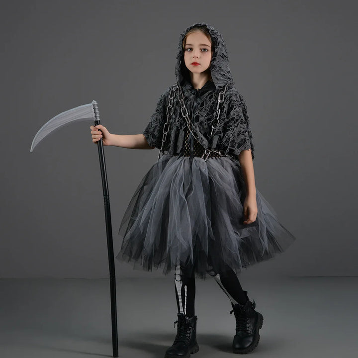 Halloween Grim Dresses Horror Death Cosplay Black Cloak Costume kids Girls Party Clothes Halloween Dress Demon Ghosts Costume