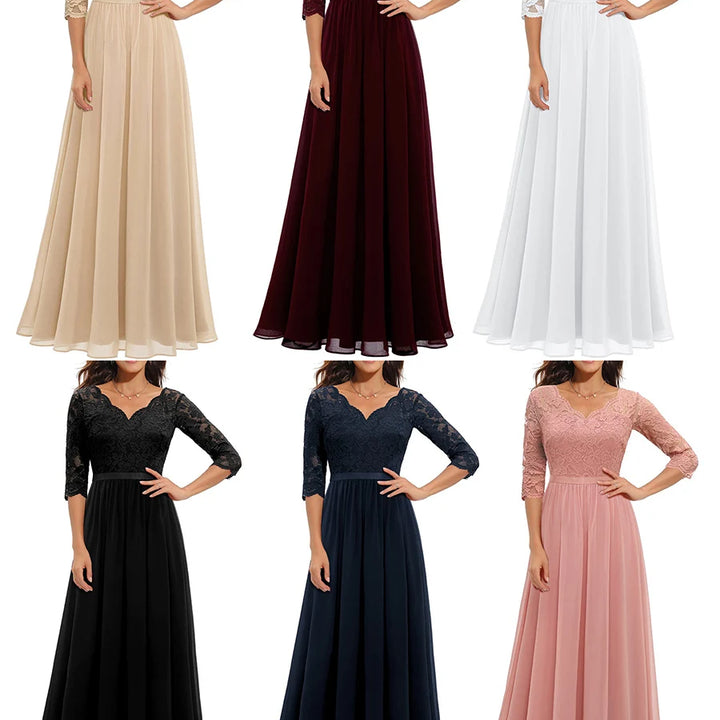 Long Dress Patchwork Lace V-neck Mid-Sleeve Backless Maxi Dress For Women