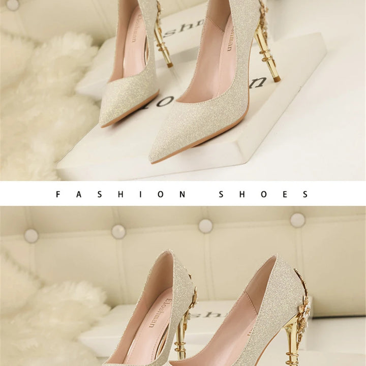 Light Luxury Sexy Women Dress Shoes 2025 Autumn Metal Flower Fashion High Heel Wedding White Pointed Sequins Shiny Female Pumps