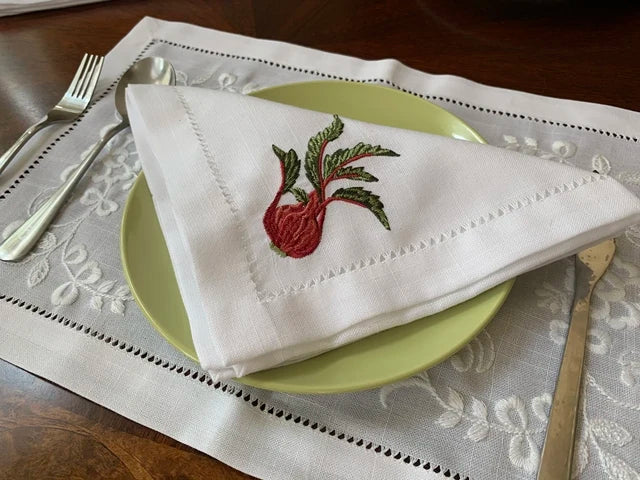 @Vegetable Napkins Hemstitched Embroidery, Linen+Cotton Table Decor, Beetroot, Fennel, Carrot,Home/Airbnb/Banquets/Hotel