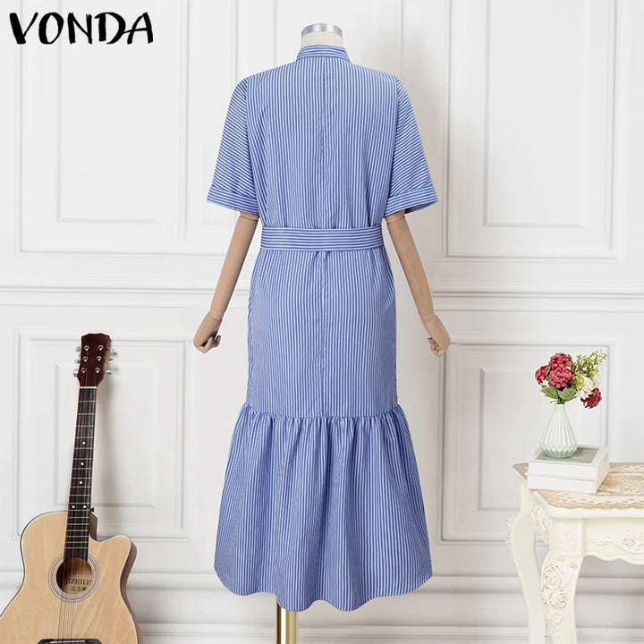 Elegant Striped Printing Short Sleeve Maxi Long Dress Casual Daily Bohemian.