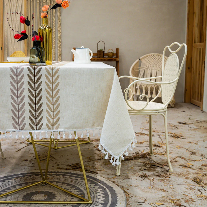 orthern European simple tassel cotton linen table cloth embroidery flower leaves party American decorative dust table cloth