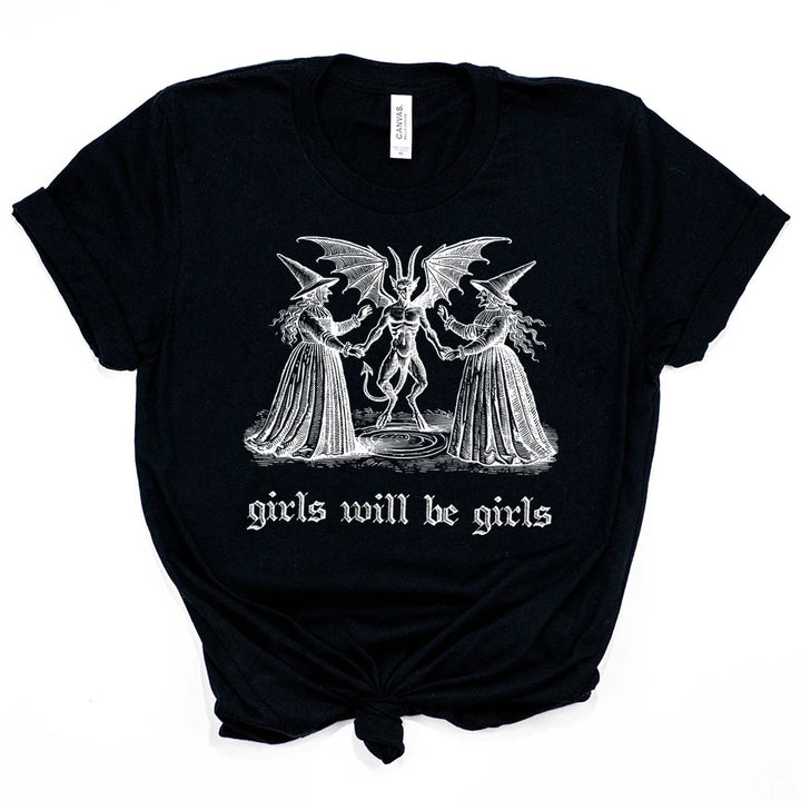 Girls Will Be Girls Witch Shirt Vintage Halloween T-Shirt Funny Feminist Tee Ironic Shirts Aesthetic Tshirt Spooky Witchy Tops