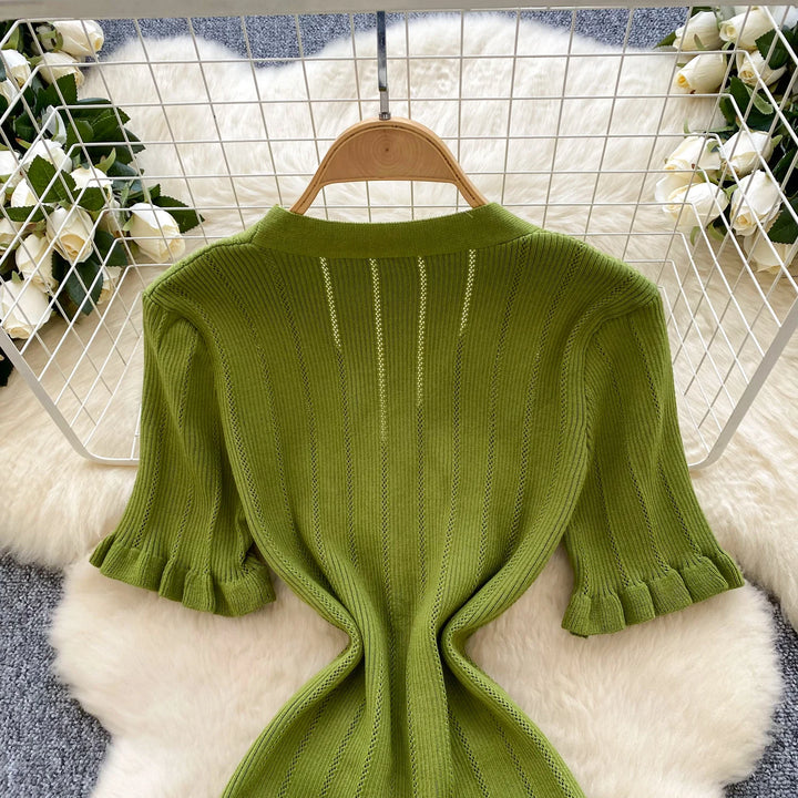 Vintage Single Breasted Women's Knitted Long Dress High Waist Short Sleeve Ruffles Straight Dress