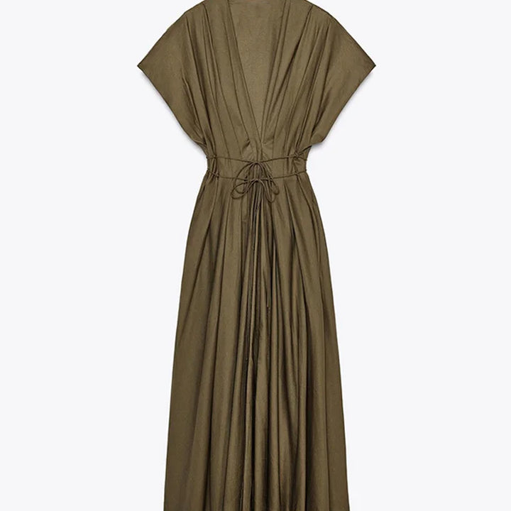 Elegant Pleated Lace Up Long Dress Deep V-neck Flying Sleeve A-line Party Dresses Summer Lady Office All-match Chic Robes