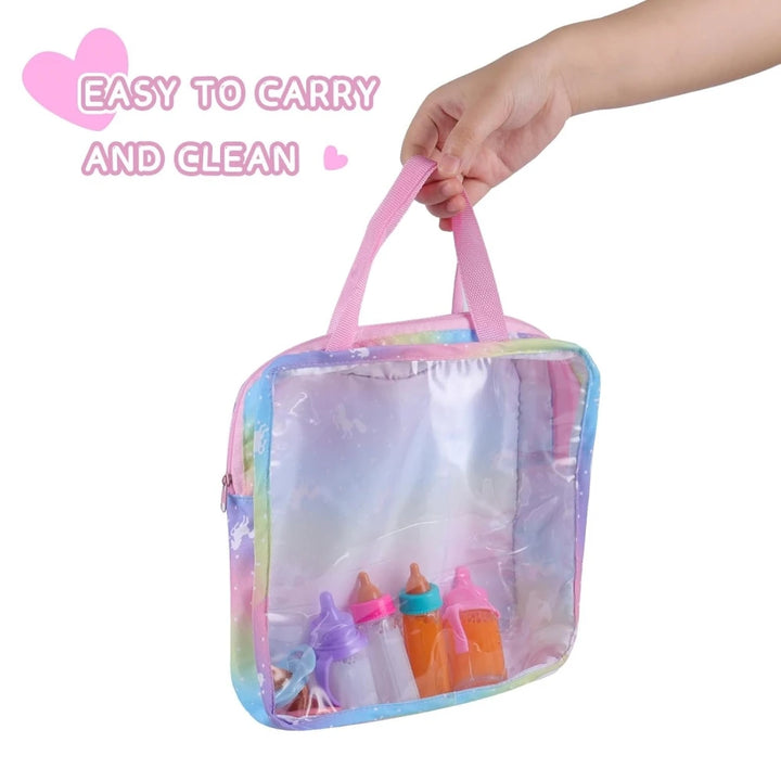 Newborn Doll Accessories Kit with Clear Display Rainbow Carrying Bag Transparent Display Window Fit 14inch Dolls Doll Travel Set