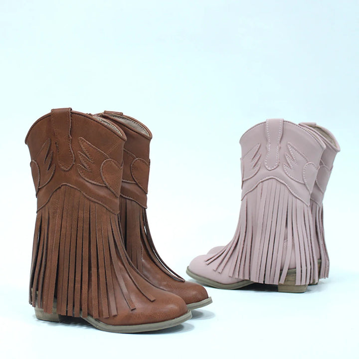 Kids Vintage Western Cowgirls Boots Leather Tassel Princess Low Heeled Knee Boots Cowboys Winter Dress Shoes New Years Christmas