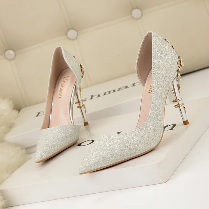 Light Luxury Sexy Women Dress Shoes 2025 Autumn Metal Flower Fashion High Heel Wedding White Pointed Sequins Shiny Female Pumps