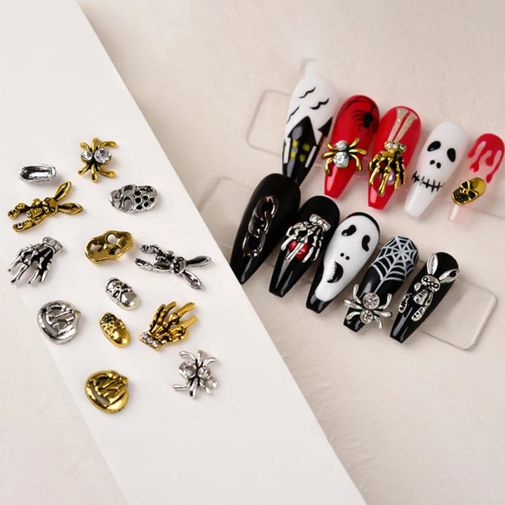 Halloween Alloy Nail Art Charms 3D Ghost Skull Pumpkin Golden Silver Classic Nails Jewelry Ornaments DIY Manicure Accessories