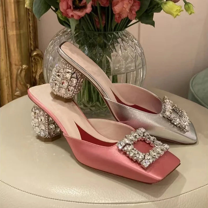 New Rhinestone Pumps Women Square Toe Slip-on Mules Female Crystal High Heels Women Dress Shoes Women sandalias de las mujeres