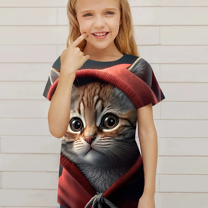 T-Shirt for Girls Cute Kitten Girls Clothes Kids T-Shirt Summer Short Sleeve Children Outdoor Sports Tops T-Shirt for Girls
