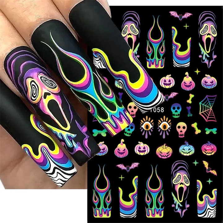 Halloween Nail Art Stickers Pumpkin Skull Cartoon Sticker For Women and Girls Press On Nails Decals Holloween Nail Art Supplies