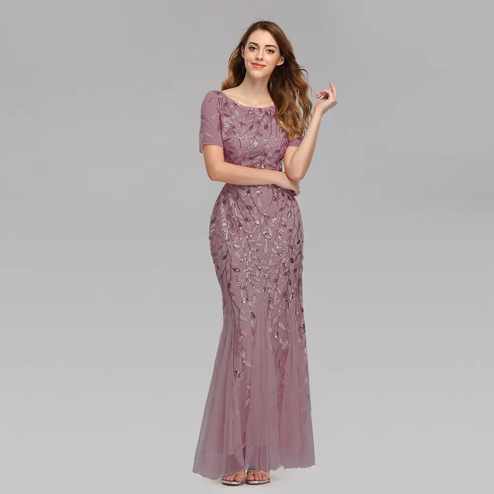 Gorgeous Round Neck Short Sleeves Sequined Mermaid Evening Dress