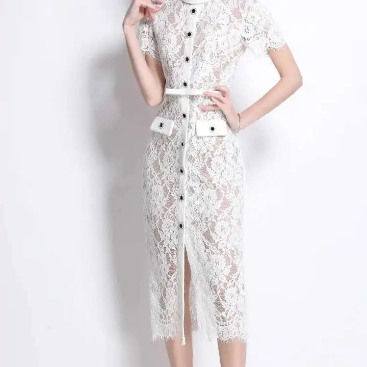 Luxury Crystal White Lace Embroidery Pencil Dress Elegant Short Sleeve Single Breasted Midi Dress.