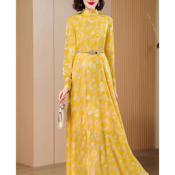Jacquard Runway Dress Party Evening Long Sleeve Vintage Floral Yellow Long Dress Zipper Photography Occasion