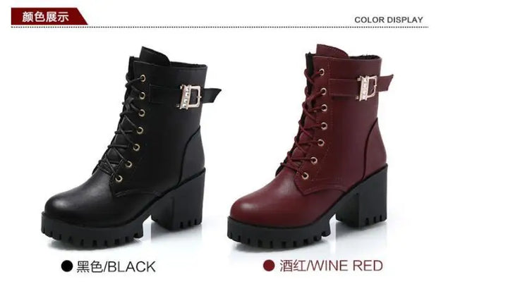 Hot Sale 2022 Women Boots Lace Up Flat Biker  Wine Red Boots Shoes Buckle Woman Botas Women Boots