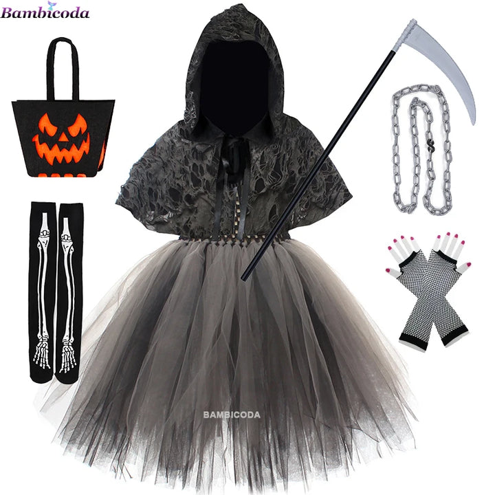Halloween Grim Dresses Horror Death Cosplay Black Cloak Costume kids Girls Party Clothes Halloween Dress Demon Ghosts Costume