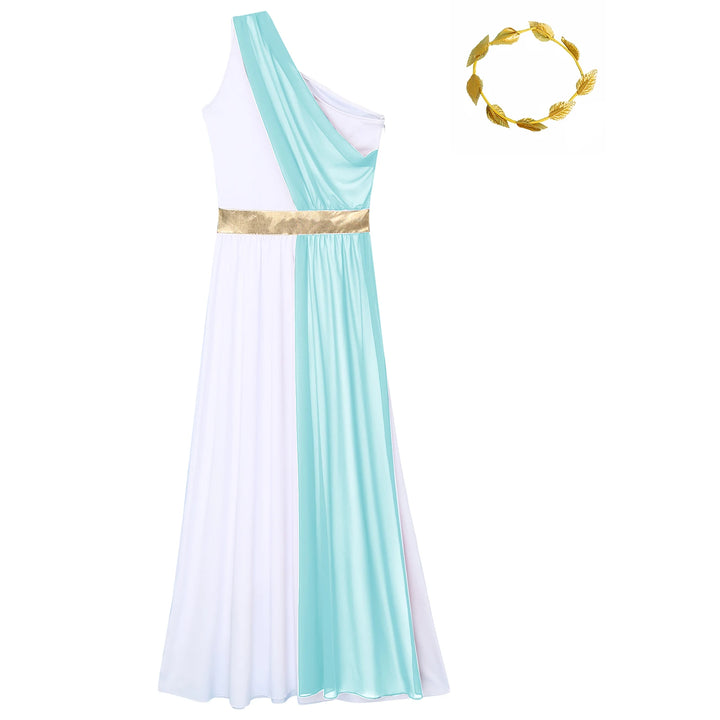 Women Halloween Ancient Greek Dress Ancient Greek Toga Costumes Robe One Shoulder Chiffon Overlay Tunic Dress with Headwear