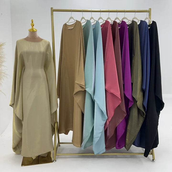 Tossy Autumn Loose Shiny Maxi Dress Butterfly Batwing Long Sleeve Muslim Clothes Party Solid Female Long Dress New