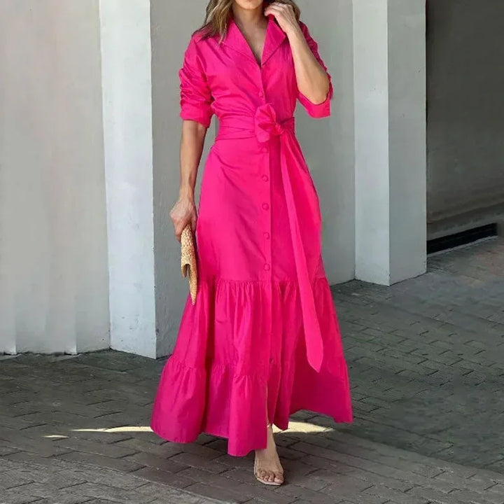 Women Long Sleeve dress Turn Down Collar Single Breasted Button Solid Loose fit
