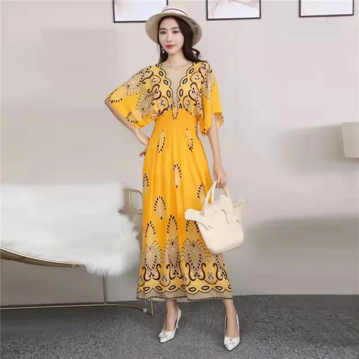 V-neck Large Skirt Hem Casual Sweet Long Dress Bat Sleeves Elastic Waist Bohemian Print Floral Elegant .