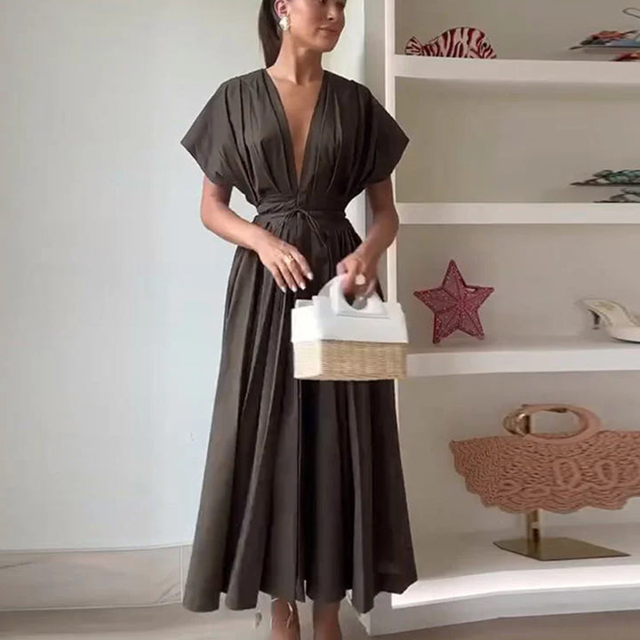 Elegant Pleated Lace Up Long Dress Deep V-neck Flying Sleeve A-line Party Dresses Summer Lady Office All-match Chic Robes