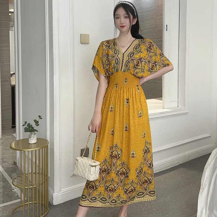 V-neck Large Skirt Hem Casual Sweet Long Dress Bat Sleeves Elastic Waist Bohemian Print Floral Elegant .