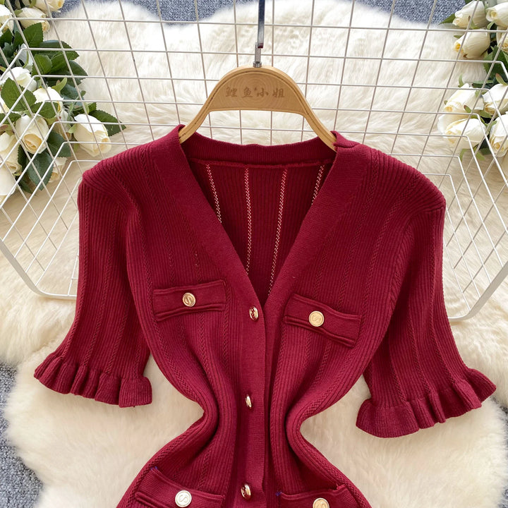 Vintage Single Breasted Women's Knitted Long Dress High Waist Short Sleeve Ruffles Straight Dress