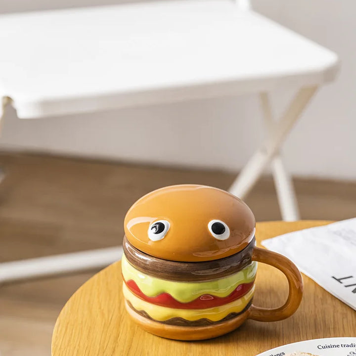 300ML Coffee Mugs Creative Hamburger Shaped Water Cup with Lid Cute and Cute Breakfast Cup Large Capacity Ceramic Hamburger Mug