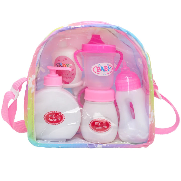 Newborn Doll Accessories Kit with Clear Display Rainbow Carrying Bag Transparent Display Window Fit 14inch Dolls Doll Travel Set
