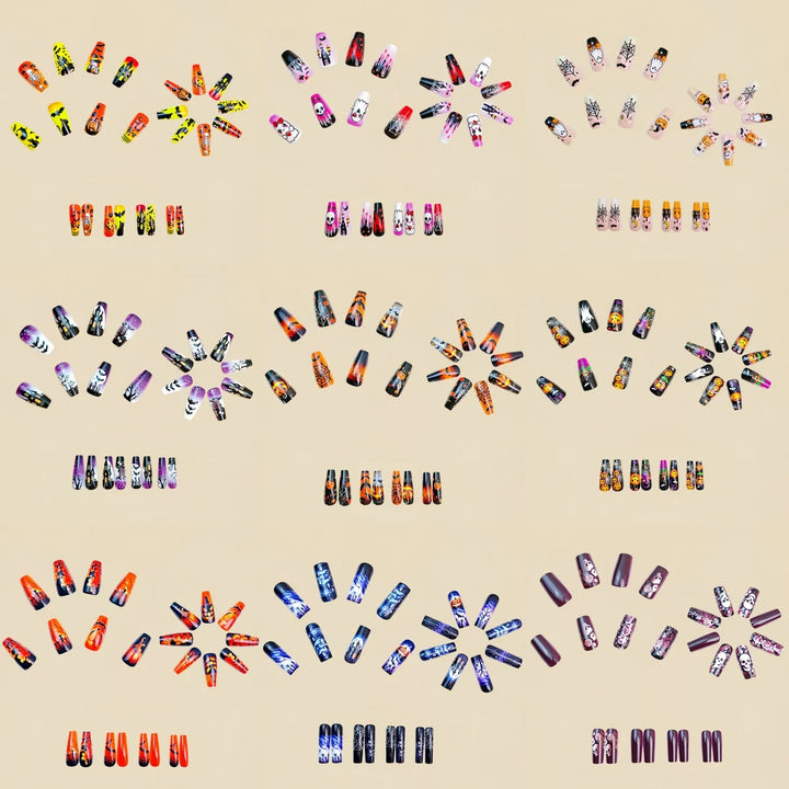 Halloween Fashion Nail Art 216 pieces Nail art patch set Pumpkin Moon Bat Flower Table Nail Art patch Detachable nail art mid-le