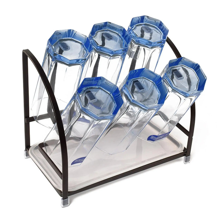 6 Slot Mug Drying Rack Non Slip Silicone Cup Organizer for Kitchen Counter Modern Steel Dish Drainer with Water Catcher Tray