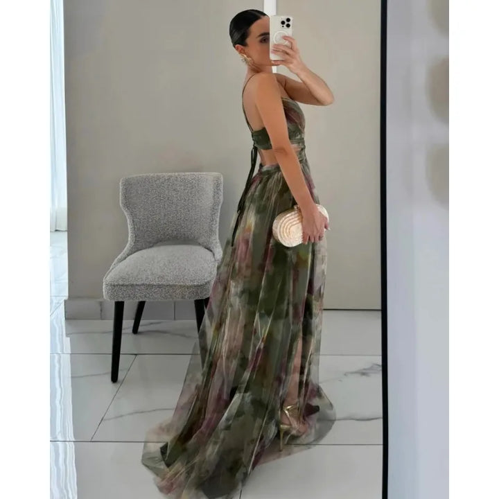 Out Party Dress, Loungewear Fashion Printing Maxi Dress, Sleeveless Lace-Up