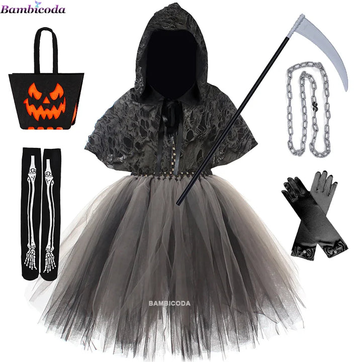 Halloween Grim Dresses Horror Death Cosplay Black Cloak Costume kids Girls Party Clothes Halloween Dress Demon Ghosts Costume