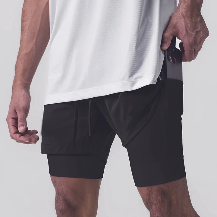 Sports shorts for men, double layered, quarter quick drying, elastic basketball, running training equipment, deep squat fitness,
