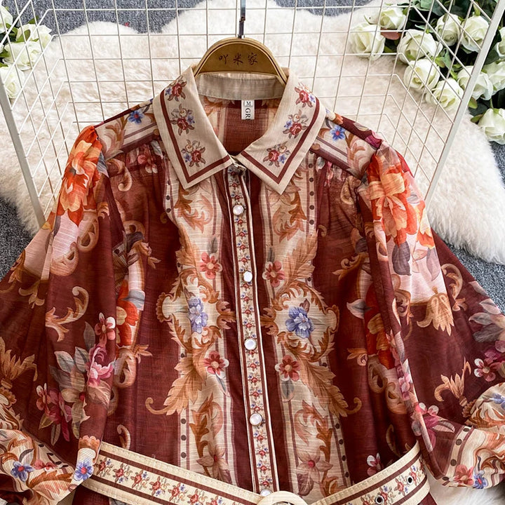 New Retro Court Printed Lapel Lantern Sleeve Cinched Waist Single Breasted Long Sleeve Elegant Long Dress
