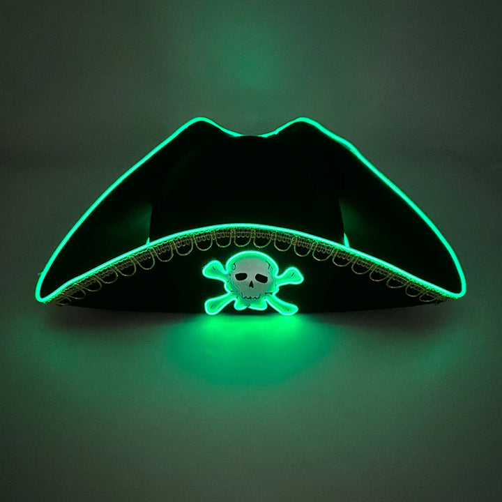 Adults Black Pirate Hats with Skull Pattern Halloween Cosplay Props Parties Caribbean Pirate Costume Hats LED Glowing Party Hat