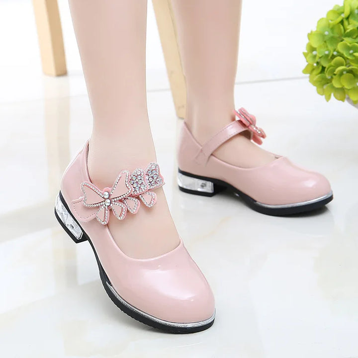 Girls Leather Shoes 2022 Spring Summer PU Patent Leather Kids Dress Shoes High Heels Butterfly-knot Dress Shoes for Wedding Chic