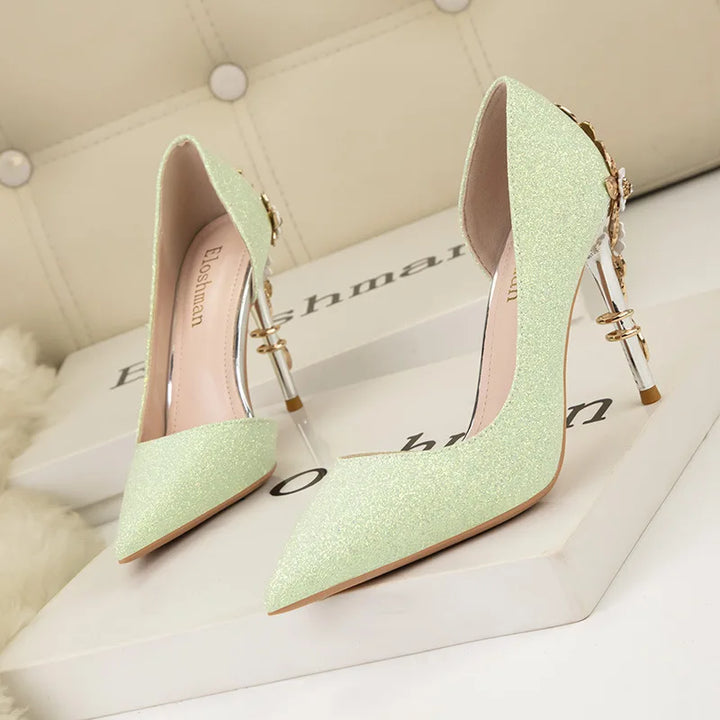 Light Luxury Sexy Women Dress Shoes 2025 Autumn Metal Flower Fashion High Heel Wedding White Pointed Sequins Shiny Female Pumps