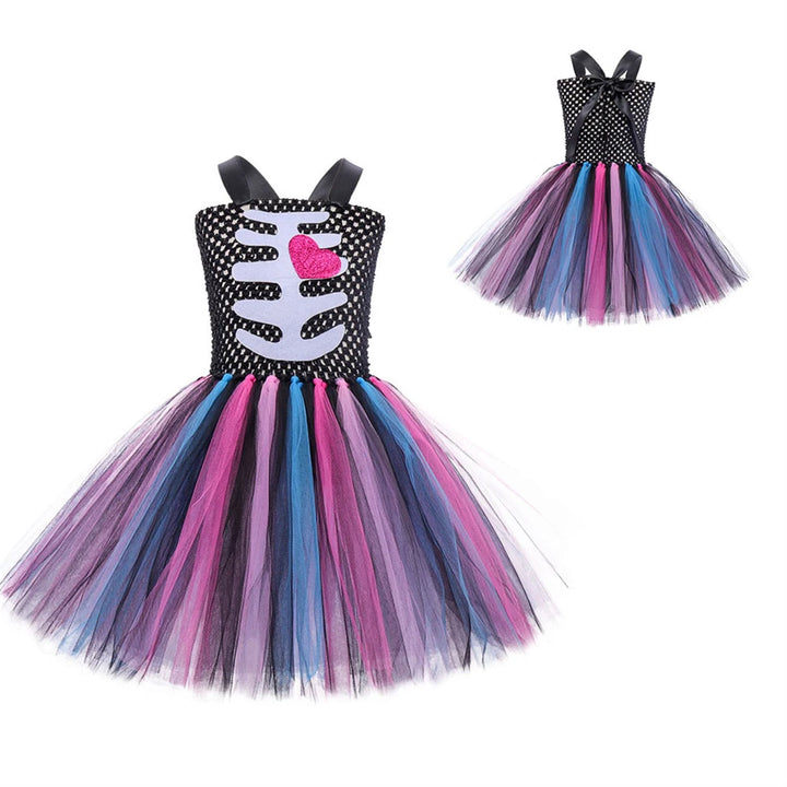 Halloween Kids Dress Cosplay Heart Print Skeleton Costumes Girls Floral Skull Tutu Clothes Children Carnival Performance Outfits