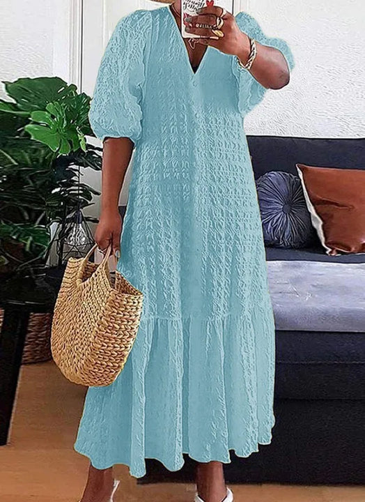 Fashion New Women's Pleated Dress V-neck Single Breasted Casual  Elegant Temperament Style Long Dress