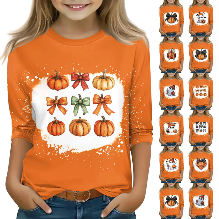 New Halloween Theme Cute Girl Printed T-shirt High Quality Three-quarter Sleeve Round Neck Tops Children Festival Birthday Gift