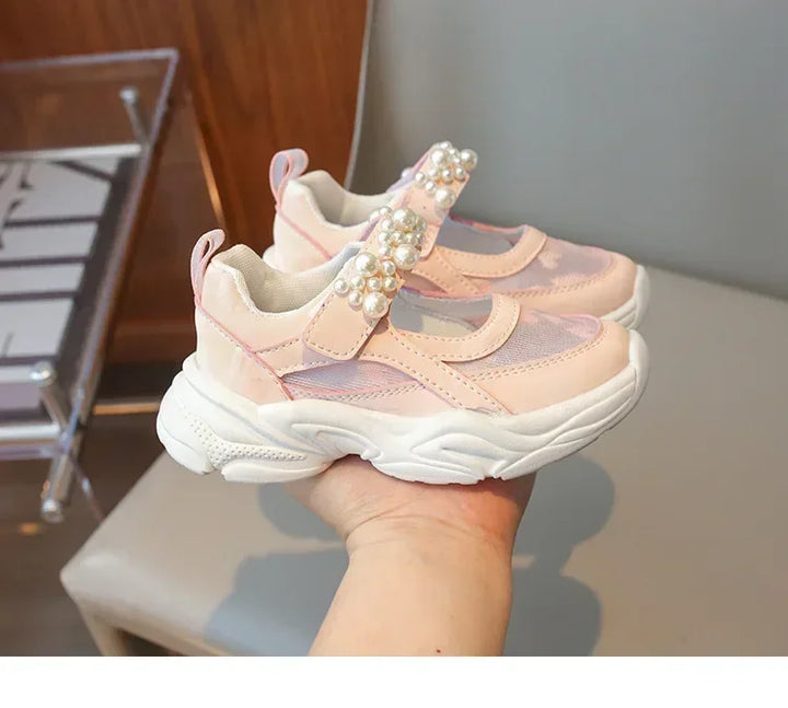 Children's Sneakers New Mesh Sports Shoes Spring Autumn Girls Fashion Shallow Breathable Pearl Tennis Kids Causal Flats