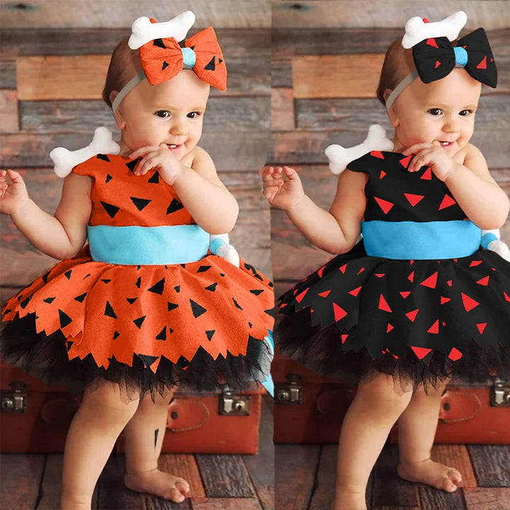 Halloween Elegant Girls Dress Toddler Kids Caveman Costume Dog Bones Historical Cavegirl Mesh Tulle Princess Dress Party Outfits