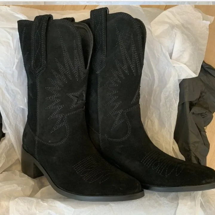 Women Western Boots 2025 Autumn Winter Embroidery Flower Women Ankle Boot Fashion Women Shoes Pointed Toe Cowboy New Retro Botas