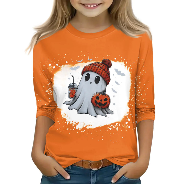 New Halloween Theme Cute Girl Printed T-shirt High Quality Three-quarter Sleeve Round Neck Tops Children Festival Birthday Gift