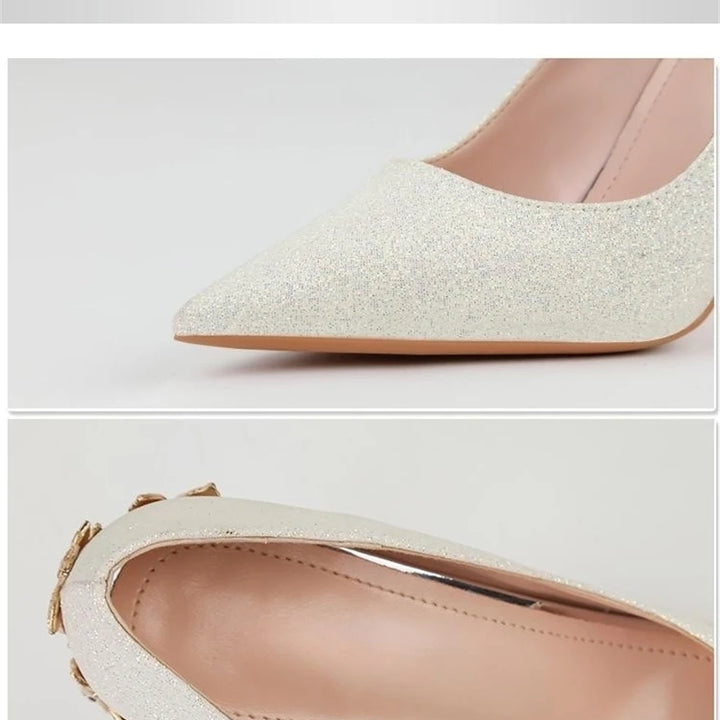 Light Luxury Sexy Women Dress Shoes 2025 Autumn Metal Flower Fashion High Heel Wedding White Pointed Sequins Shiny Female Pumps